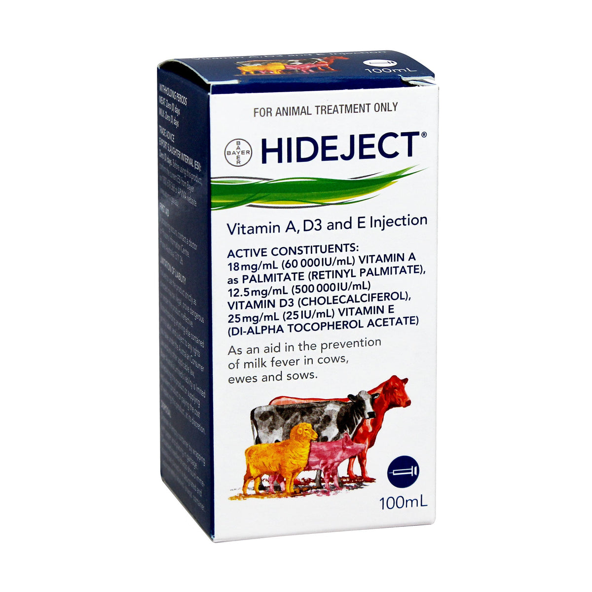 Elanco Hideject vitamin A, D3 and E injection 100ml bottle