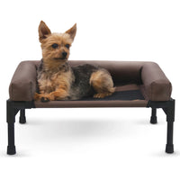 K&H Original Bolster Pet Cot in chocolate, 55x43x17cm, with a yorkshire terrier on it