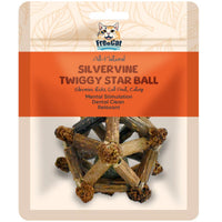 FreeCat All-Natural Silvervine Twiggy Star Ball pack, holding a ball woven from twigs