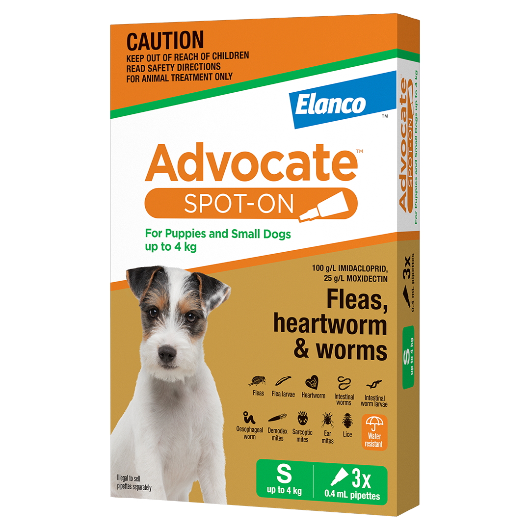 Advocate Spot-On for Puppies and Small Dogs up to 4kg, new Elanco carton, 3 x 0.4mL pipettes