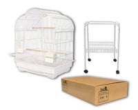 Birdie Arch Top Cage in white with its white wheeled stand and the flat-pack carton it ships in