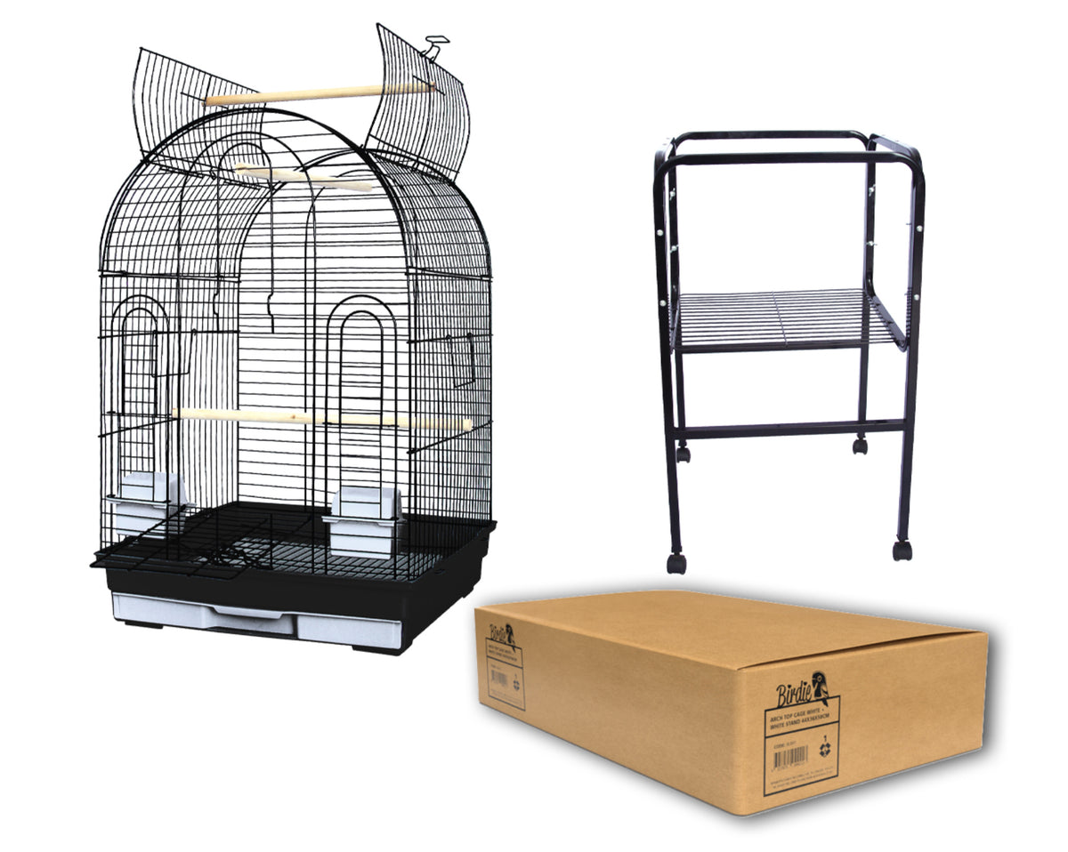 Birdie Round Top Cage in black with its black stand, top perch and the flat-pack carton it ships in