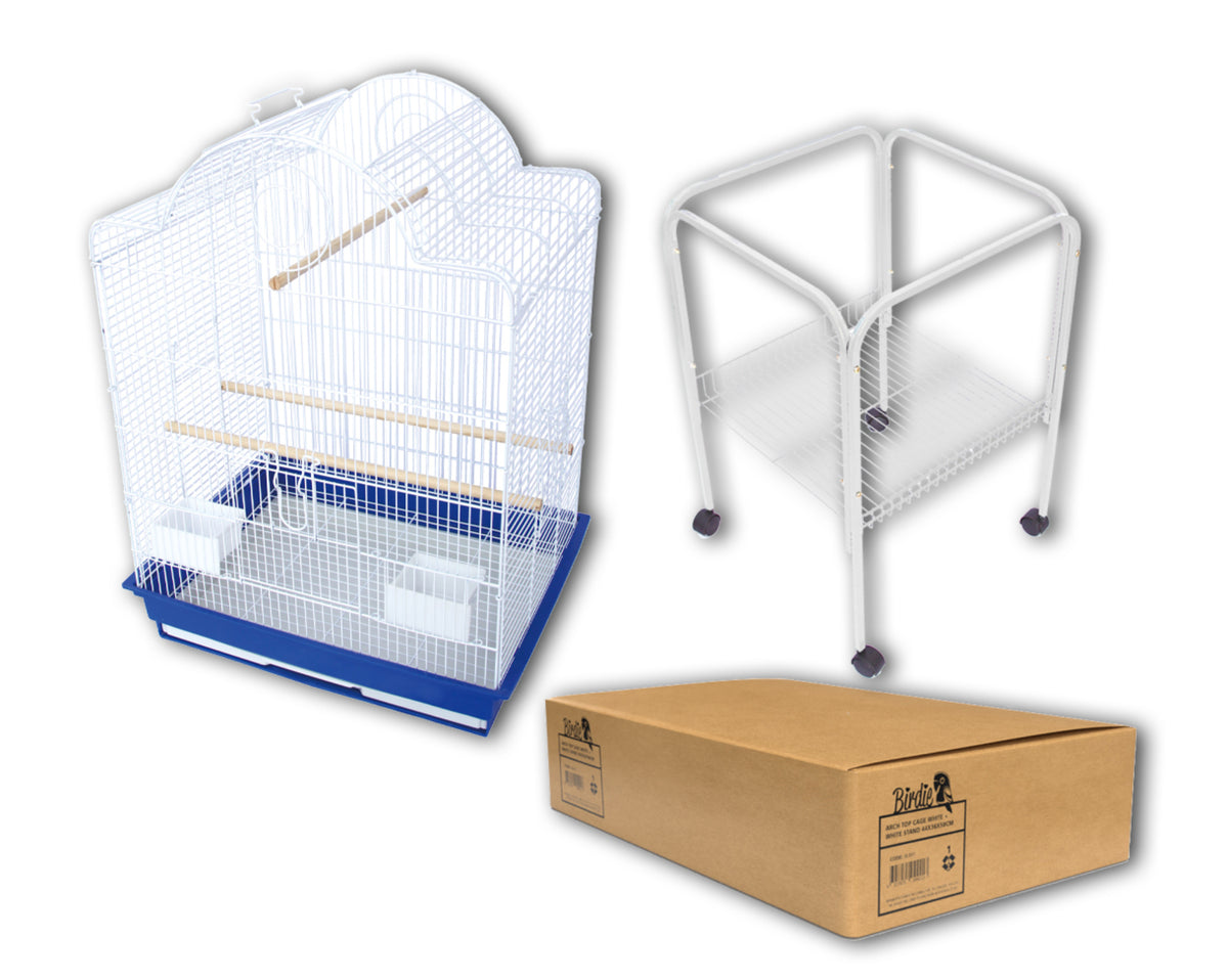 Birdie Arch Top Open Cage, white bars on a blue base, with its white stand and flat-pack carton