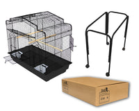 Birdie Bridge Arch Top Cage in black with a raised bridge roof, shown with its stand and flat-pack carton