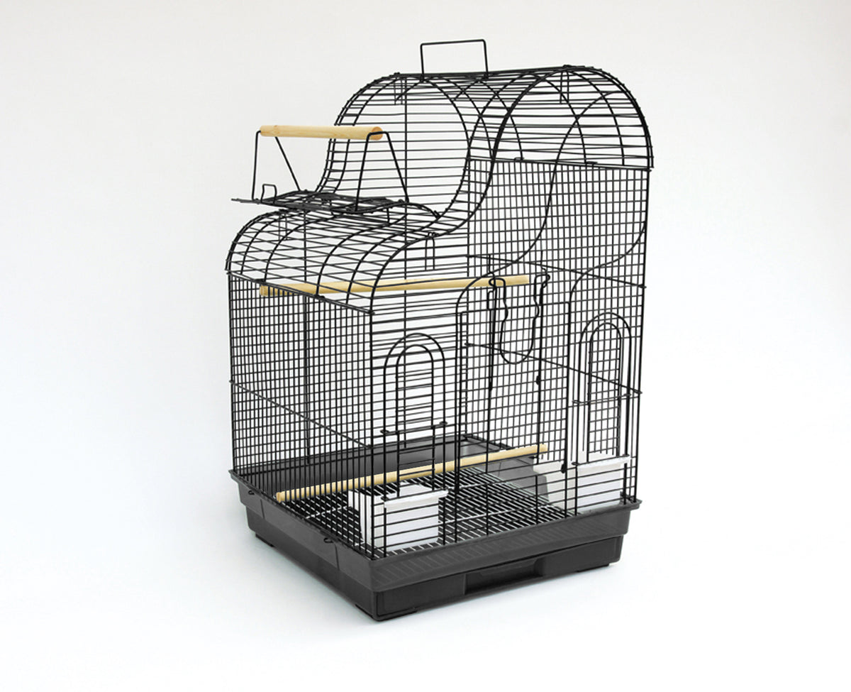 Birdie Wave Top Cage in black, wave-curved roof sitting above a square 47 x 47cm base