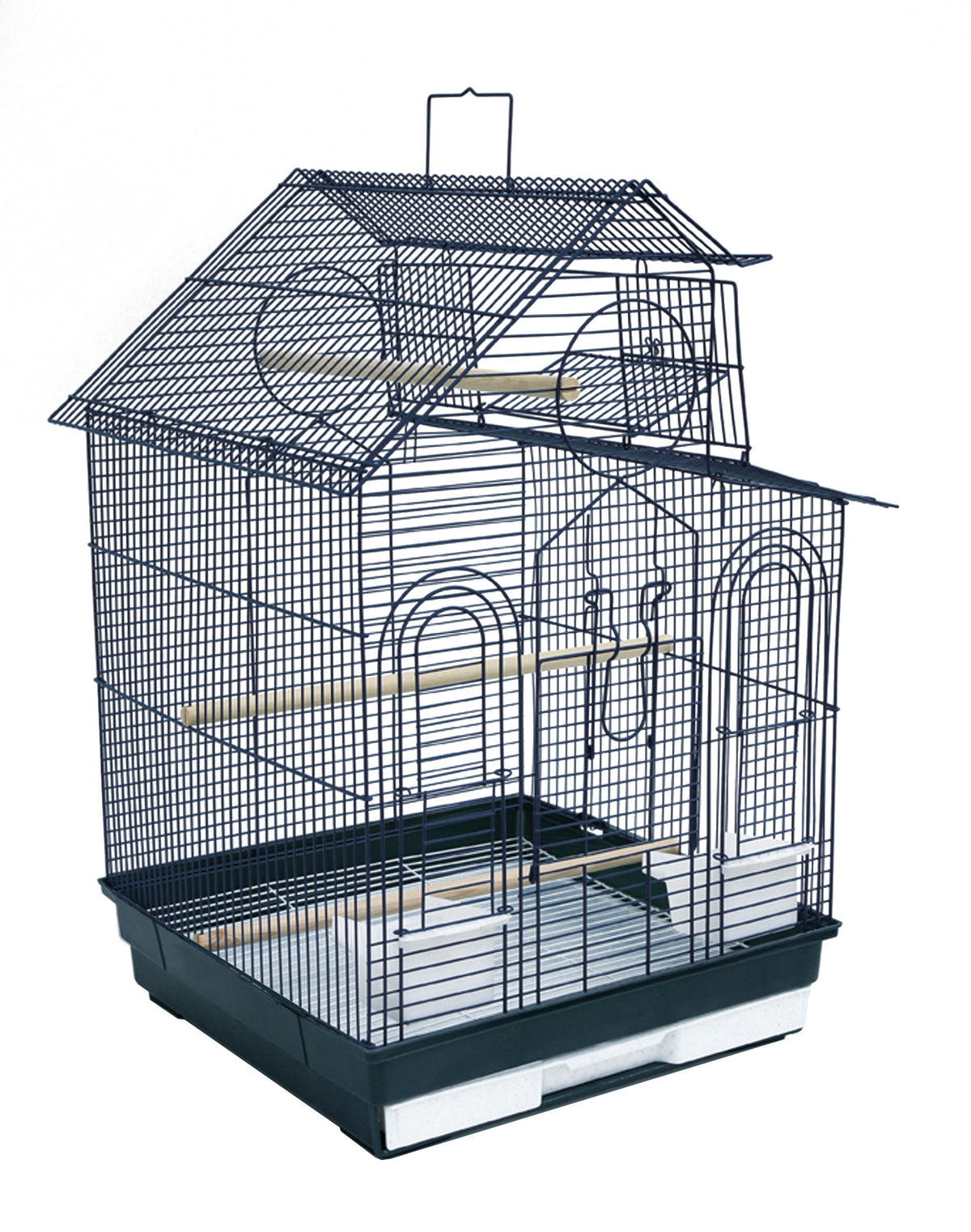 Birdie Peak Roof Cage in black, a pitched house-style roof with round panels above the wire frame