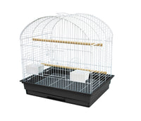 Birdie Round Top Cage in white with a domed roof, wooden perches and feeder cups on a black base tray