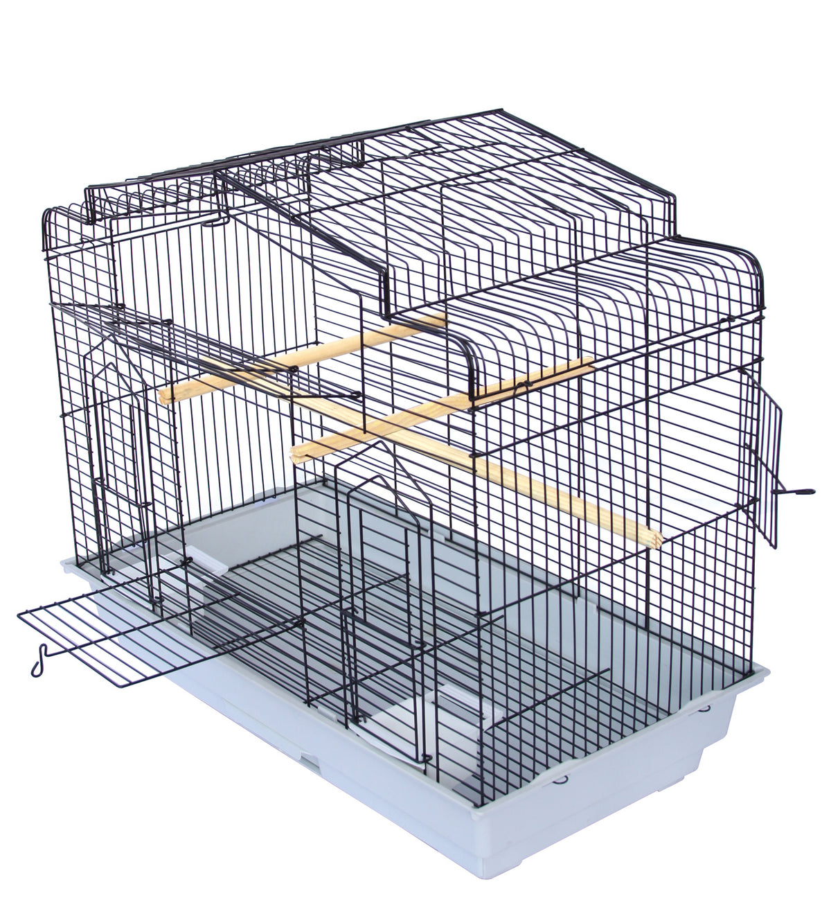 Birdie Flight Cage in black with peaked cathedral roof, wide 66cm horizontal format