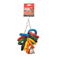 Birdie Rainbow Circles toy on its red Birdie card, a hoop threaded with coloured wooden discs and beads above a bell