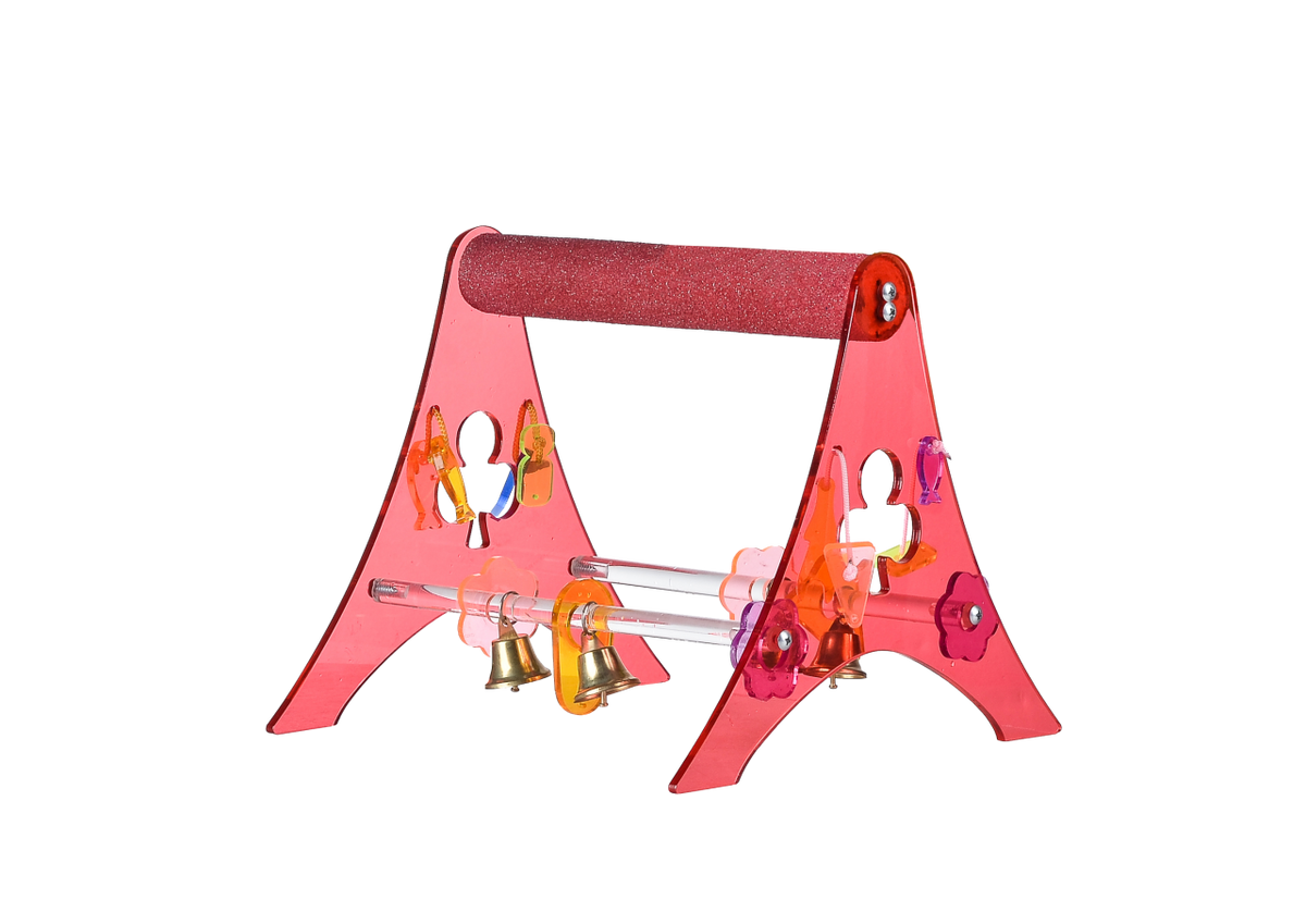 Birdie Acrylic Bird Stand – pink A-frame stand with a parrot perched