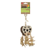 Birdie Naturals Heart Foraging Toy on its green Natural Bird Toys card, a heart panel with cutouts over rattan balls