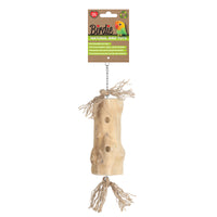 Birdie Naturals Foraging Trunk on its green Natural Bird Toys card, a drilled wooden trunk with a raffia tassel