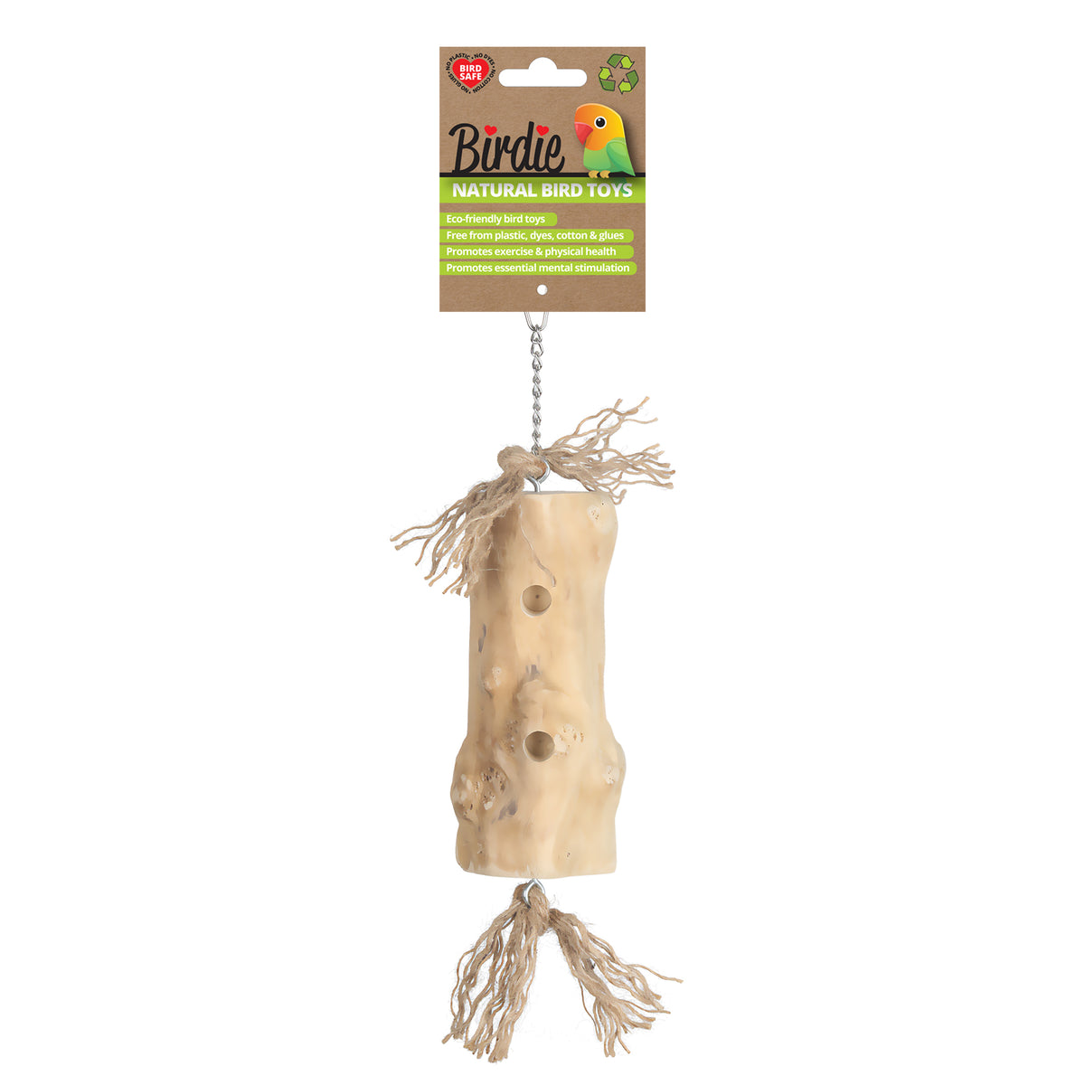 Birdie Naturals Foraging Trunk on its green Natural Bird Toys card, a drilled wooden trunk with a raffia tassel