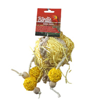 Birdie Super Yellow Burst on its red Birdie card, yellow rattan balls and raffia on a rope with wooden beads