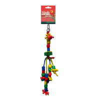 Birdie Plastic Hanging Beads on its red Birdie card, coloured plastic beads with green blocks and yellow tassels