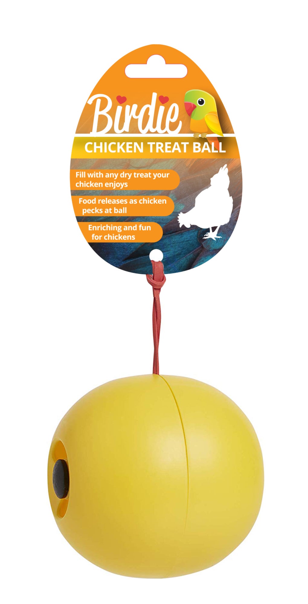 Birdie Chicken Treat Ball on its orange header card, a yellow plastic ball with a treat opening