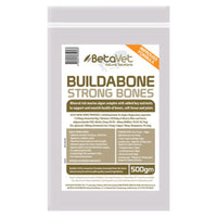 BetaVet BuildaBone Strong Bones 500g pouch, brown label for a marine algae mineral complex