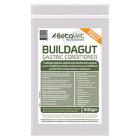 BetaVet BuildaGut Gastric Conditioner 500g pouch in green, marked improved formula
