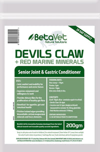 BetaVet Devils Claw + Red Marine Minerals 200g pouch, senior joint and gastric conditioner label