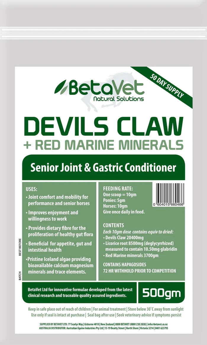 BetaVet Devils Claw + Red Marine Minerals 500g pouch; the label carries a pre-competition withholding notice