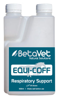 BetaVet Equi-Coff respiratory support, 500ml twin-neck dosing bottle with a teal label
