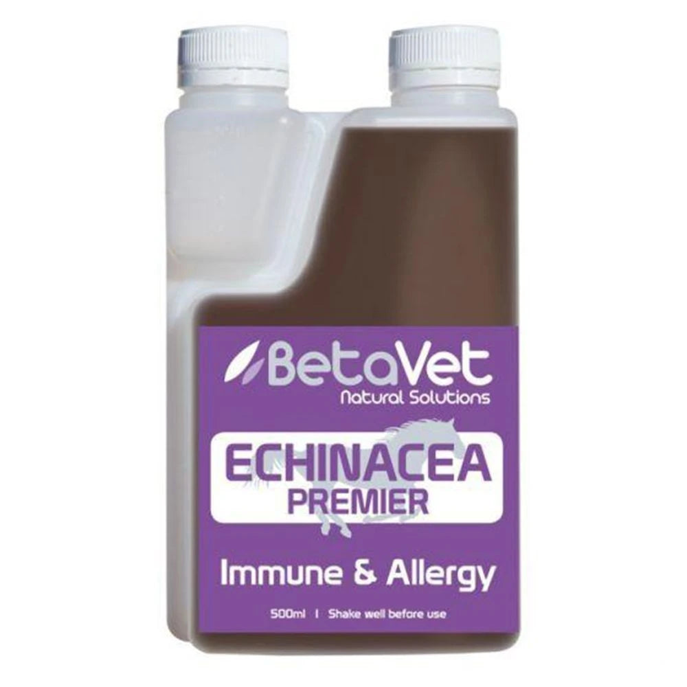 BetaVet Echinacea Premier 500ml measuring bottle, purple label, liquid visible in the chamber
