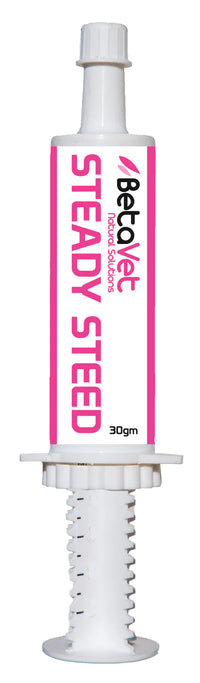 BetaVet Steady Steed calming aid in a 30g oral paste syringe, pink and white label