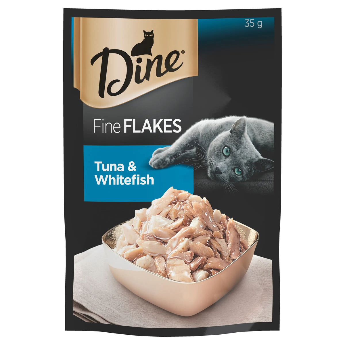 Dine Fine Flakes Tuna & Whitefish 35g cups, 12 pack front of pack
