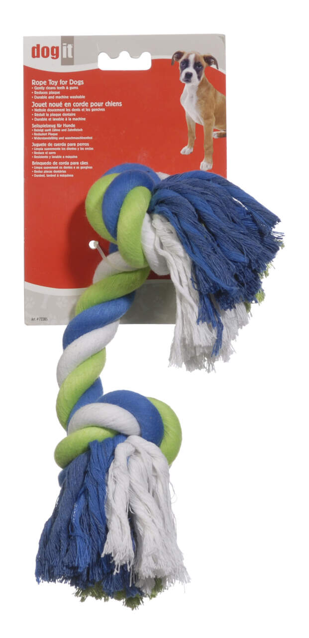 Blue, white and green rope tug toy with a double knot, on its packaging card