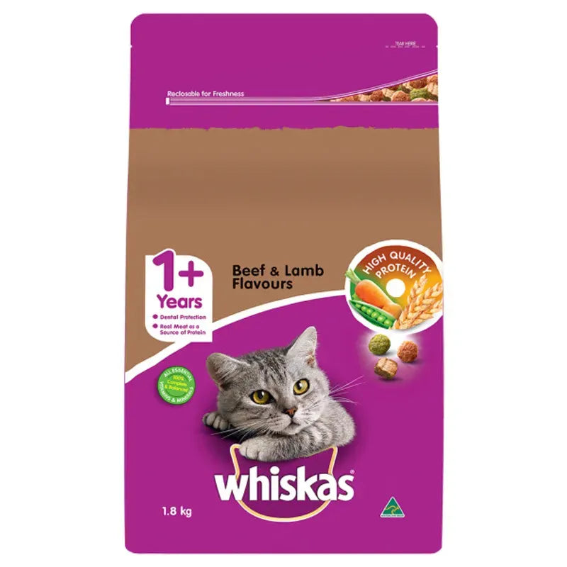 Whiskas Adult dry cat food Beef & Lamb 1.8kg bag front of pack