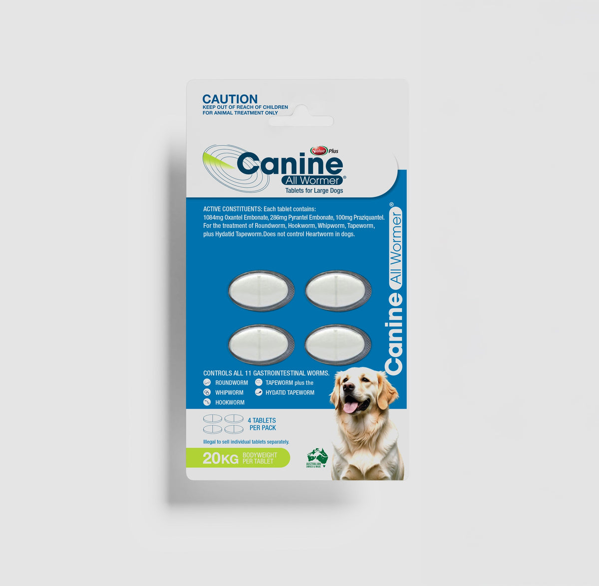 Value Plus Canine All Wormer 20kg 4 tablet pack front of carton