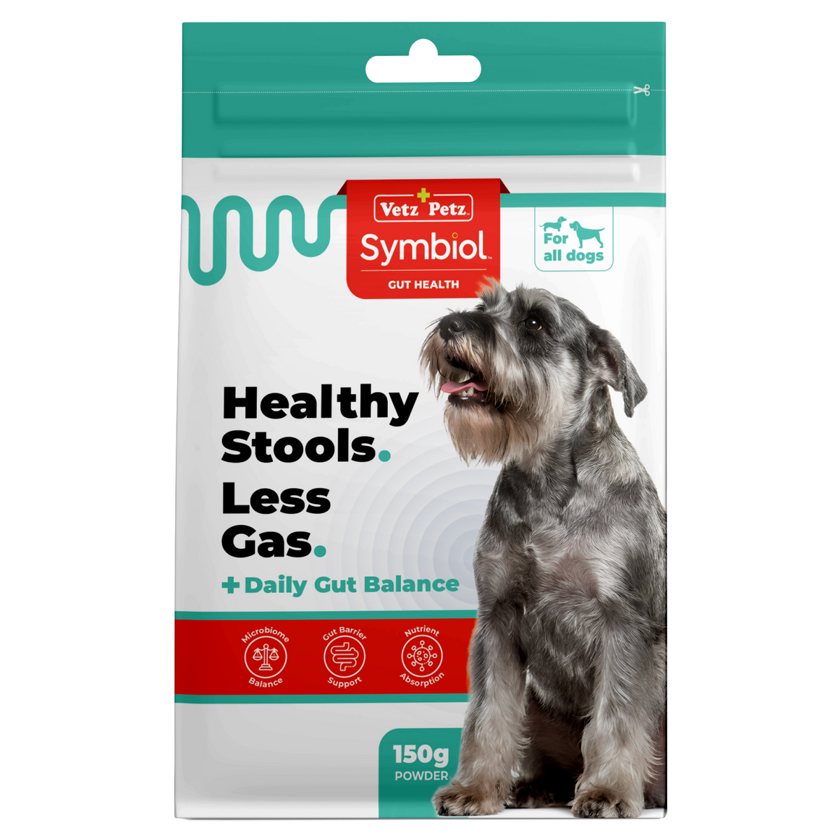 Symbiol Daily Gut Balance 150g powder pouch for dogs, front of pack with a schnauzer