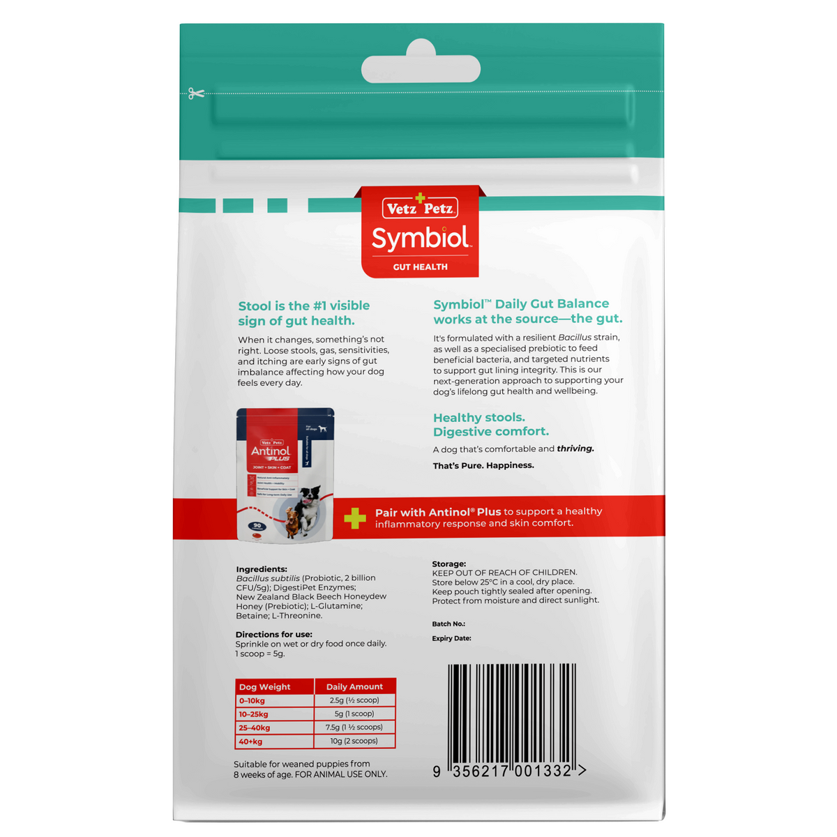 Symbiol Daily Gut Balance 150g pouch, back of pack with the feeding guide and ingredients panel