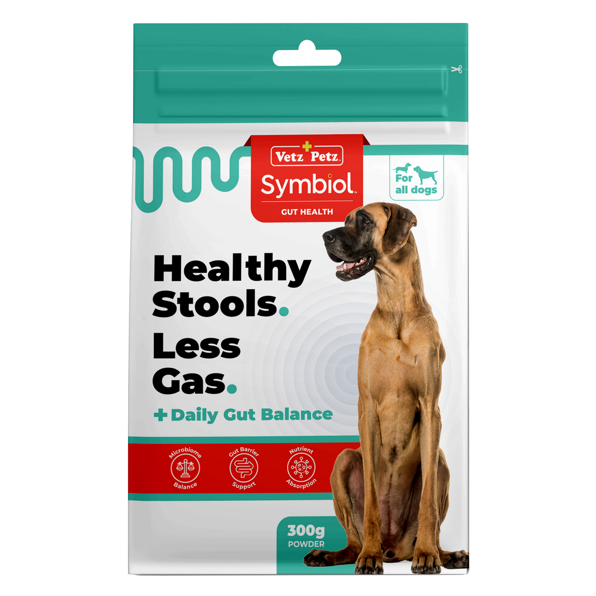Symbiol Daily Gut Balance 300g powder pouch for dogs, front of pack with a Great Dane