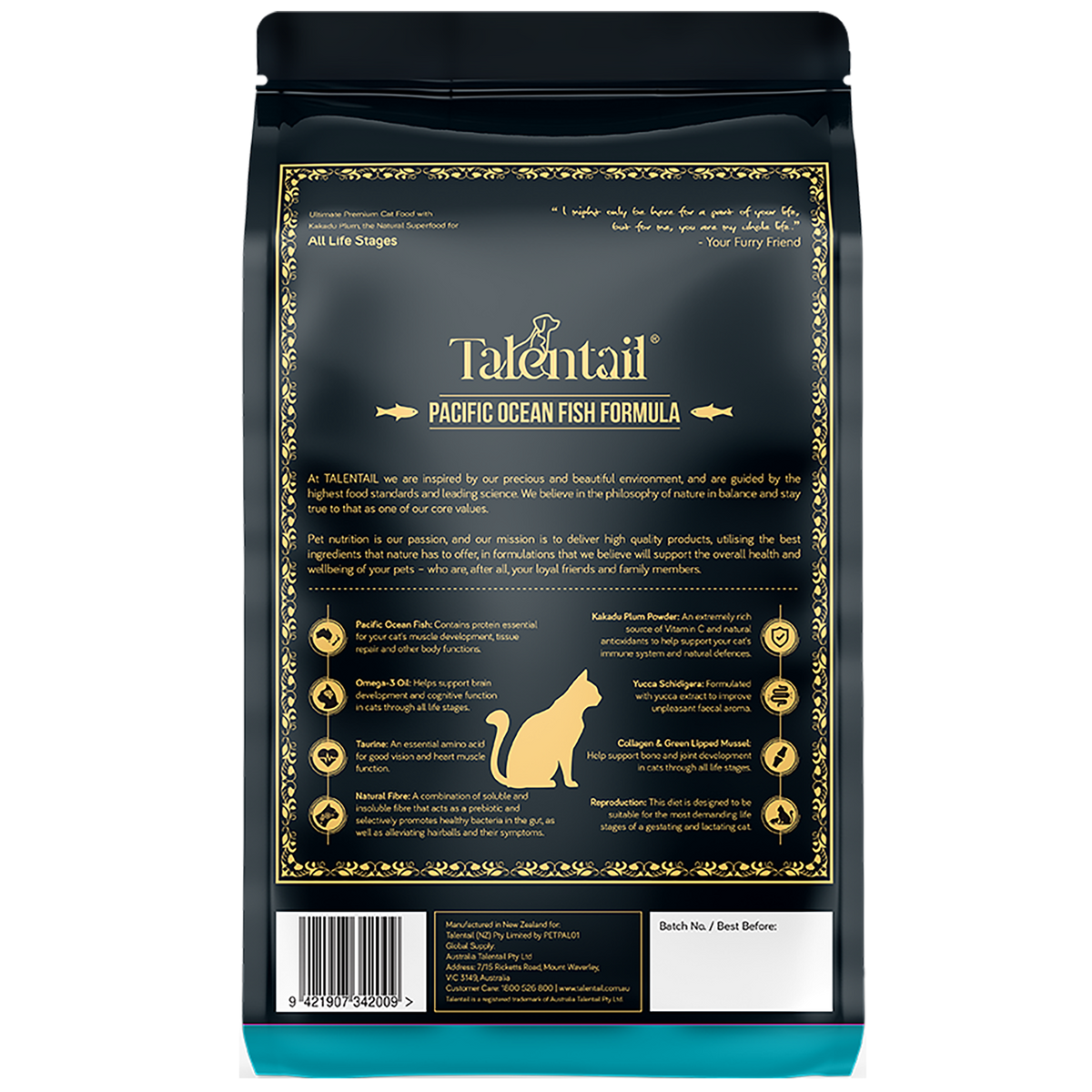Talentail Ultimate Pacific Ocean Fish cat food – flat back panel with ingredients and guaranteed analysis
