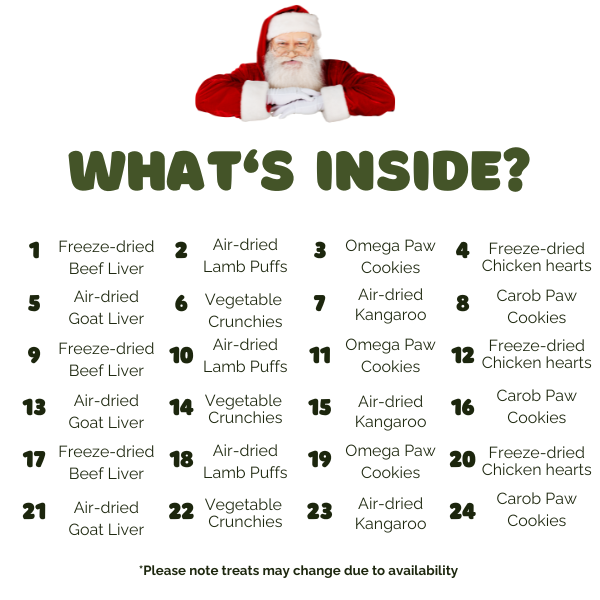 Advent calendar opened to show dog treats behind 24 numbered doors