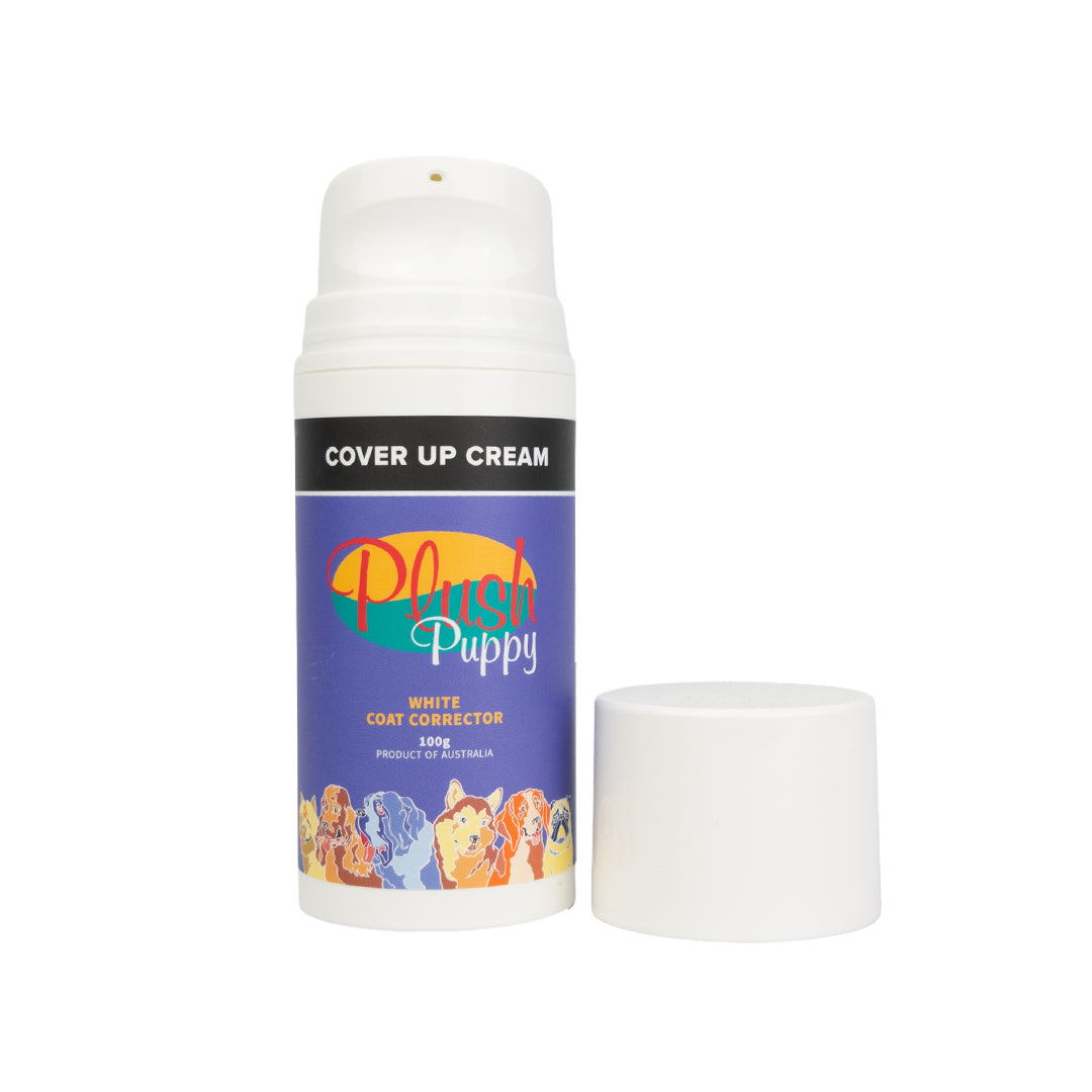 Plush Puppy Cover-Up Cream 100g pump bottle shown with the cap removed beside it