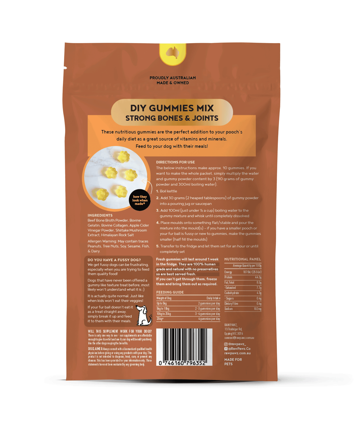 Raw Pawz Bone Broth DIY Dog Gummies back of pack showing ingredients