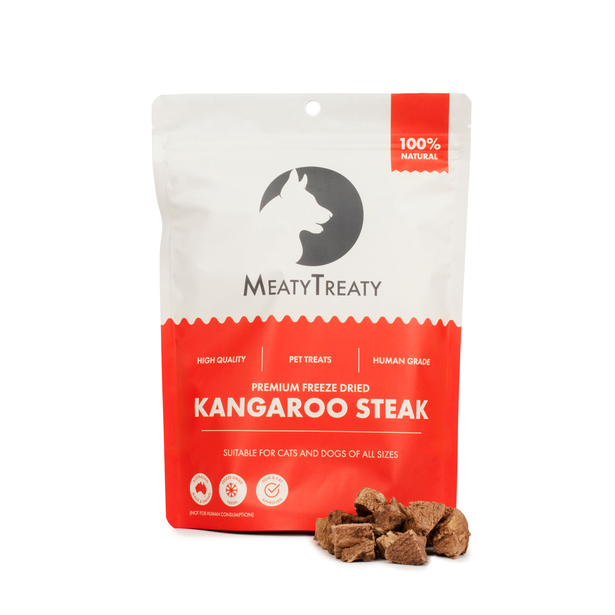 Meaty Treaty Freeze Dried Kangaroo Steak 80g – pouch shown with the treats