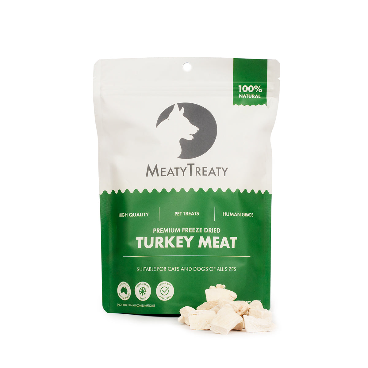 Meaty Treaty Freeze Dried Turkey 80g – pouch shown with the treats