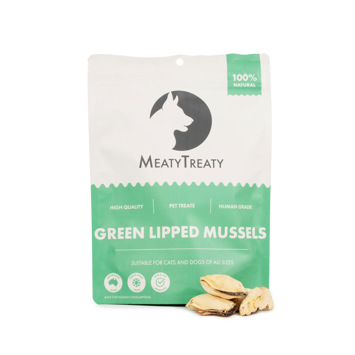 Meaty Treaty Freeze Dried Green Lipped Mussels 50g – pouch shown with the treats