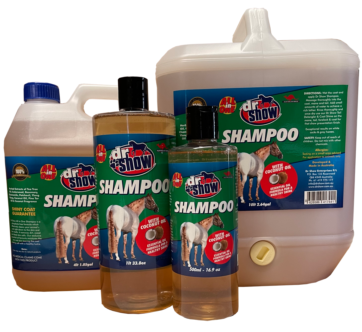 Dr Show All-in-One Conditioning Shampoo shown in all four bottle sizes