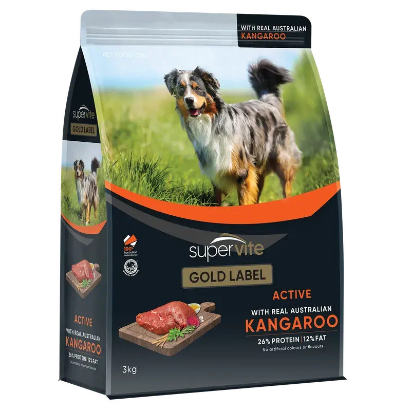 SuperVite Gold Label Active Kangaroo dry dog food 3kg bag front
