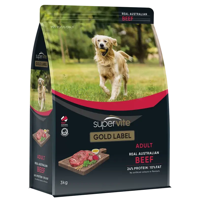 SuperVite Gold Label Adult Beef dry dog food 3kg bag front