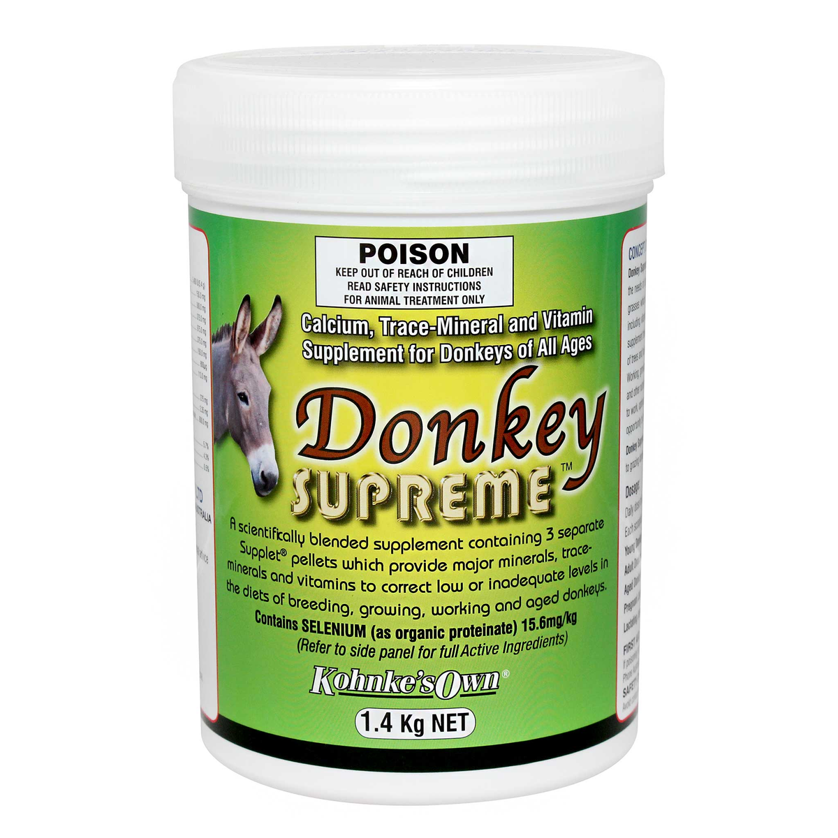 Kohnke's Own Donkey Supreme vitamin and mineral supplement for donkeys, front of pack