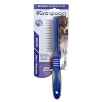 Euro Groom coarse dog shedding comb with a blue handle, carded with a dog photo