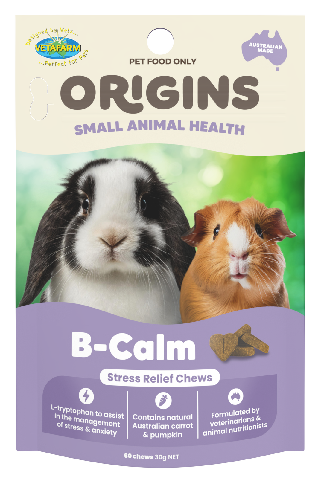Vetafarm Origins B-Calm Chews tub front of pack