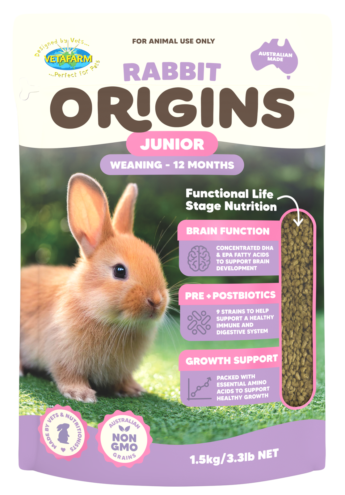 Vetafarm Rabbit Origins Junior 1.5kg bag front of pack