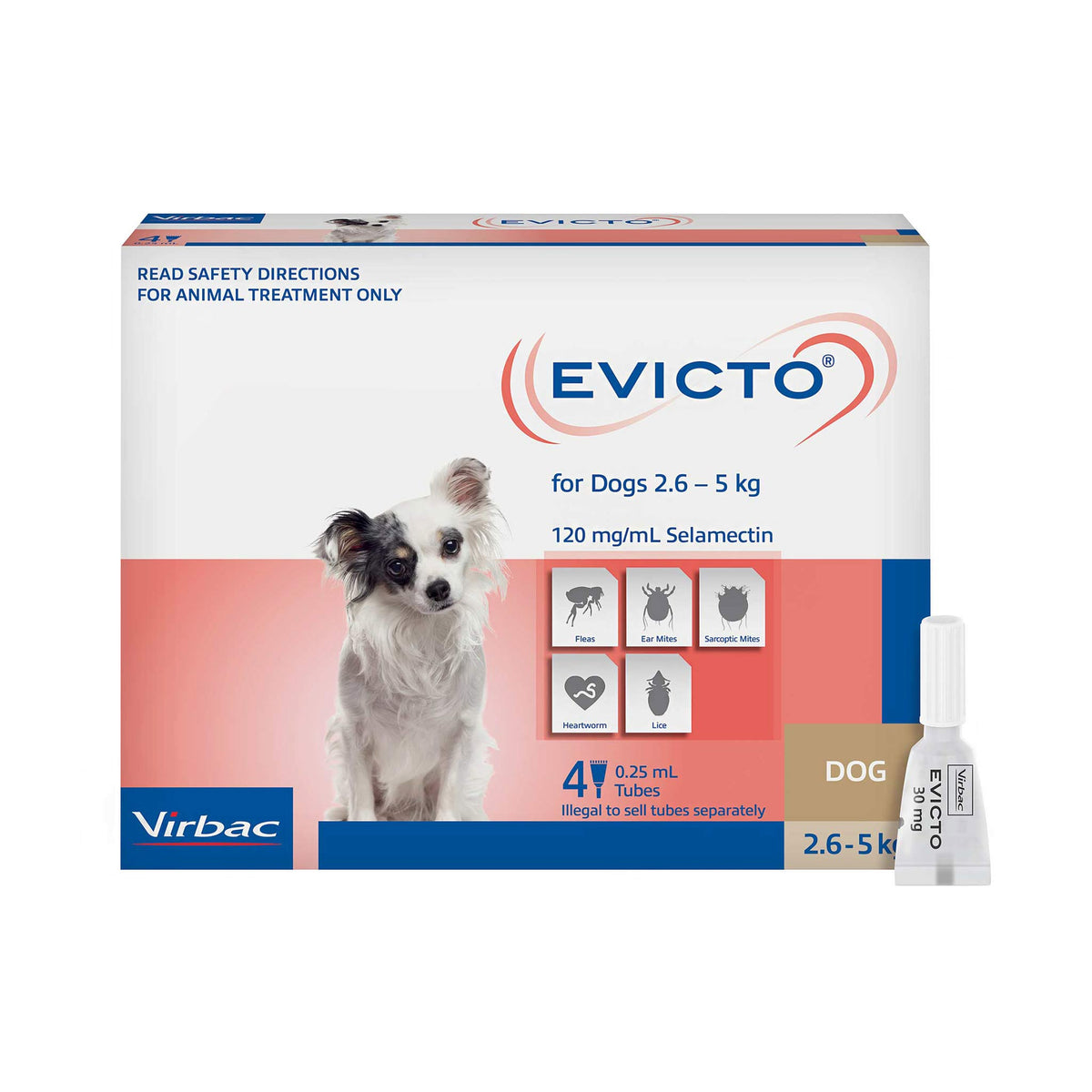 Evicto Spot-On for Very Small Dogs 2.6-5kg, front of 4 pack carton