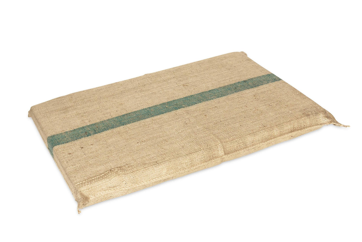 Superior Pet Goods Extra Thick Hessian Dog Mat viewed from above, jute cover with a green stripe